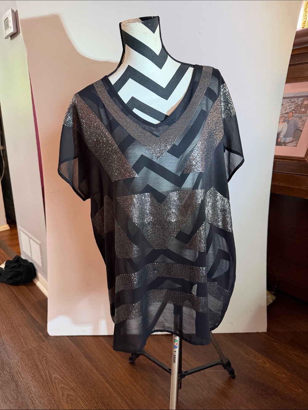 Design History Black Sheer V-Neck Tunic with Silver Metallic Chevron. Glitzy!